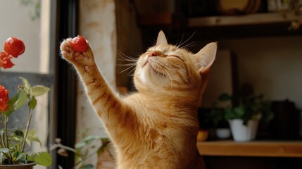 Canvas Print - A playful orange cat reaching for red fruit in a cozy indoor setting.