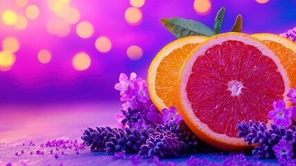   A grapefruit and a grapefruit cut in half sit on a table with purple flowers and background lighting