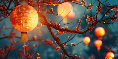 Aufkleber - Outdoor decoration with lanterns suspended from a tree branch, suitable for festivals or celebrations