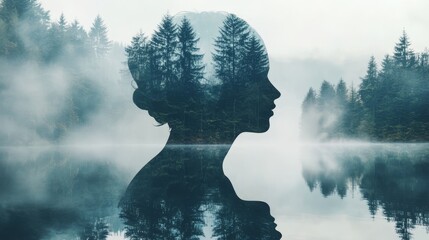 Poster - double exposure of a human head silhouette and a forest landscape with a lake, symbolizing the conne