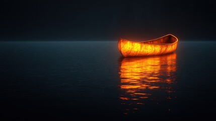 Poster - A luminous canoe floats serenely on dark, reflective water.