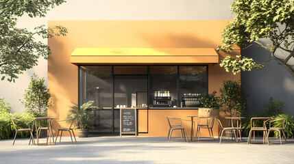 3D illustration of a modern minimalist coffee shop landscape. Architectural design perspective, construction of a fantasy building.