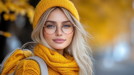 Sticker - Young woman with blond hair wearing a yellow beanie and glasses