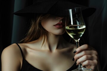 Poster - A woman wearing a black hat holds a wine glass, perfect for a formal event or romantic evening