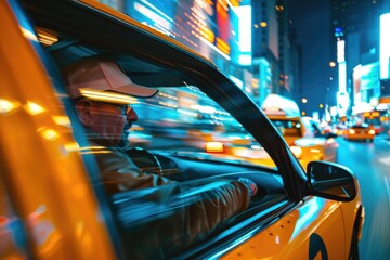 Poster - A person driving a taxi through a crowded urban area