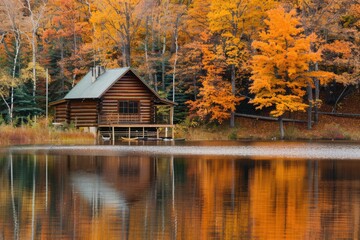 Poster - A cozy log cabin situated near the shore of a serene lake, perfect for a peaceful retreat or vacation spot