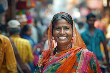 Canvas Print - A smiling woman wearing a vibrant sari, perfect for cultural or traditional-themed projects