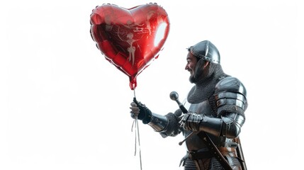 Poster - A knight holds a red heart-shaped balloon, suitable for romantic or whimsical use