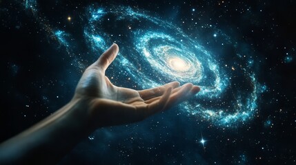 Wall Mural - a hand touching a glowing and abstract representation of the cosmos or space filled with stars and e