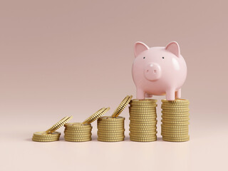 Sticker - 3D rendered illustration of financial development concept including income and investment with piggy bank icon above pile of dollar gold coins.