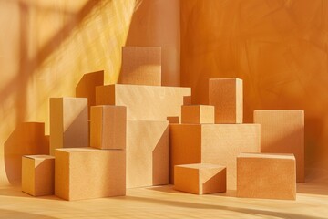 Poster - Stack of cardboard blocks on a wooden floor, ideal for background or illustration