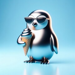 Wall Mural - a cool and hip silver shinny metallic futuristic penguin holding a ice cream character