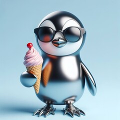 Wall Mural - a cool and hip silver shinny metallic futuristic penguin holding a ice cream character