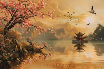 Aufkleber - A serene scene with birds soaring above a calm lake