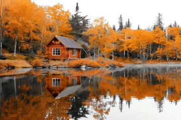 Poster - A small cabin situated on the shoreline of a serene lake, perfect for a peaceful getaway or a relaxing vacation spot