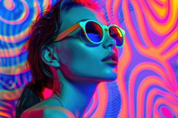 Poster - Woman wearing neon glasses against a vibrant, colorful backdrop
