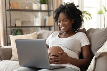 Poster - A pregnant woman sits comfortably on a couch, focused on her laptop as she works or browses