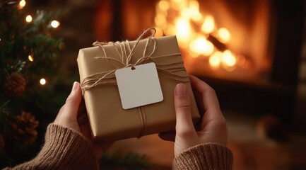 Close-up of hands holding a wrapped present with a blank white tag against a blurred Christmas tree and fireplace background 