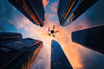 Canvas Print - A plane flying above tall buildings, great for cityscape or transportation themes