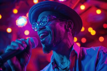 Poster - A person sings into a microphone wearing a hat and glasses