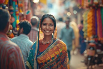 A happy Indian woman wearing a vibrant sari and smiling at the camera