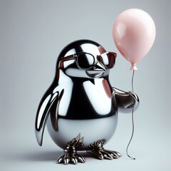 Wall Mural - a cool and hip silver shinny metallic futuristic penguin holding a balloon character