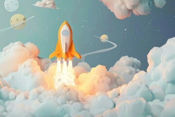 Poster - A rocket propels through space, surrounded by distant planets and celestial bodies