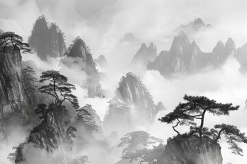 Poster - A mountain range photographed in black and white, providing a dramatic landscape