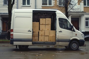 Aufkleber - A white van with a load of boxes in the rear compartment, ideal for corporate or commercial use