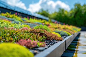 Aufkleber - A close-up view of a green roof with various plants and vegetation growing on top