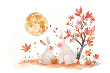 Poster - A pair of white rabbits sit next to a tree trunk, surrounded by greenery