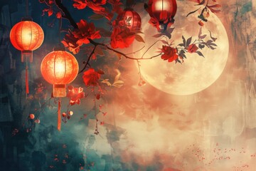 Aufkleber - A beautiful scene with red lanterns hanging from a tree, perfect for decorating or highlighting a special moment