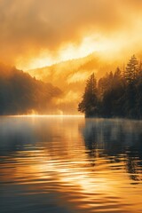 Poster - A serene landscape of sunset over a calm lake with trees in the background, perfect for use as a peaceful scene or nature-inspired graphic