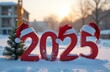 © Ирина Сергеенкова - inscription 2025 on snow against the background of construction, New Year greetings, happy new year