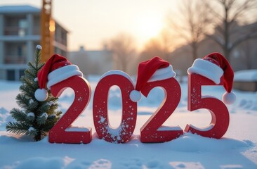 inscription 2025 on snow against the background of construction, new year greetings, happy new year