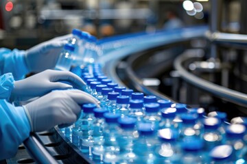 Poster - Person in blue jacket and white gloves assembling products on a conveyor belt, industry setting