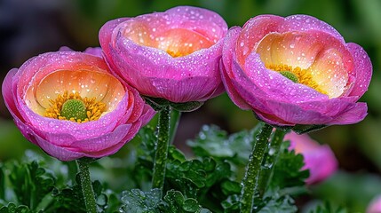 Canvas Print -   Three pink flowers with a yellow center, surrounded by green leaves and drops of water on flowers against a green foliage backdrop