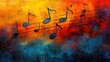 © Sonya - A vibrant painting of musical notes, suspended from a string of notes in orange, blue, red, and yellow hues