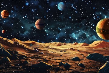 Poster - Group of planets visible against rocky terrain