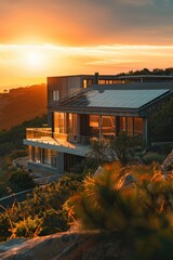Poster - A house on a hill with sunlight fading behind, great for real estate or landscape photography