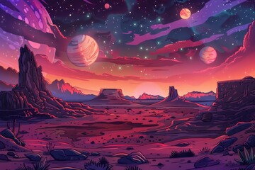Poster - A desolate desert landscape with planets visible in the night sky, ideal for use as a background or adding context to your project