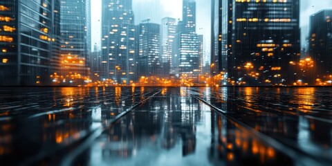 A vibrant cityscape reflected in rain-soaked streets, showcasing illuminated skyscrapers against a moody urban backdrop.