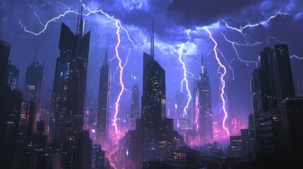 Poster - Futuristic Cityscape with Lightning Strikes During a Stormy Night