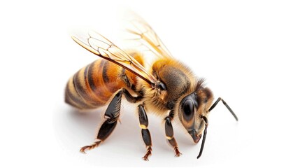 Poster - A close-up shot of a single bee sitting on a white surface, possibly a table or countertop