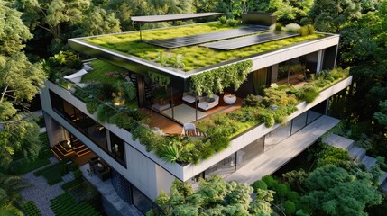 Aufkleber - A modern home with a unique green roof and a spacious balcony