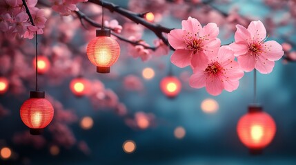 Wall Mural - Pink Cherry Blossoms and Glowing Lanterns