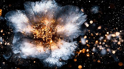 Wall Mural -  A macro shot of a flower against dark backdrop with bright illumination in the center of its petals