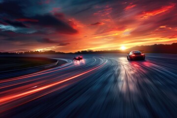 Poster - A pair of vehicles traveling along a road during the golden hour