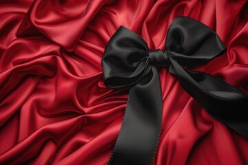 Poster - A simple yet elegant black bow sits atop a vibrant red satin fabric
