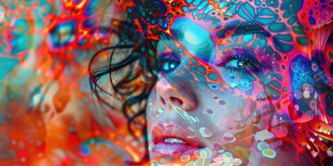 Poster - Close-up portrait of a woman with vibrant colors in the background